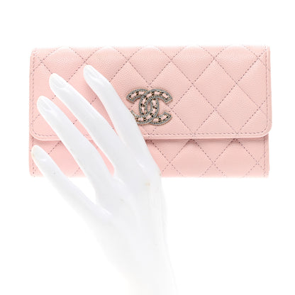 Chanel Caviar Quilted Crystal CC Large Gusset Flap Wallet Pink 2 of 9