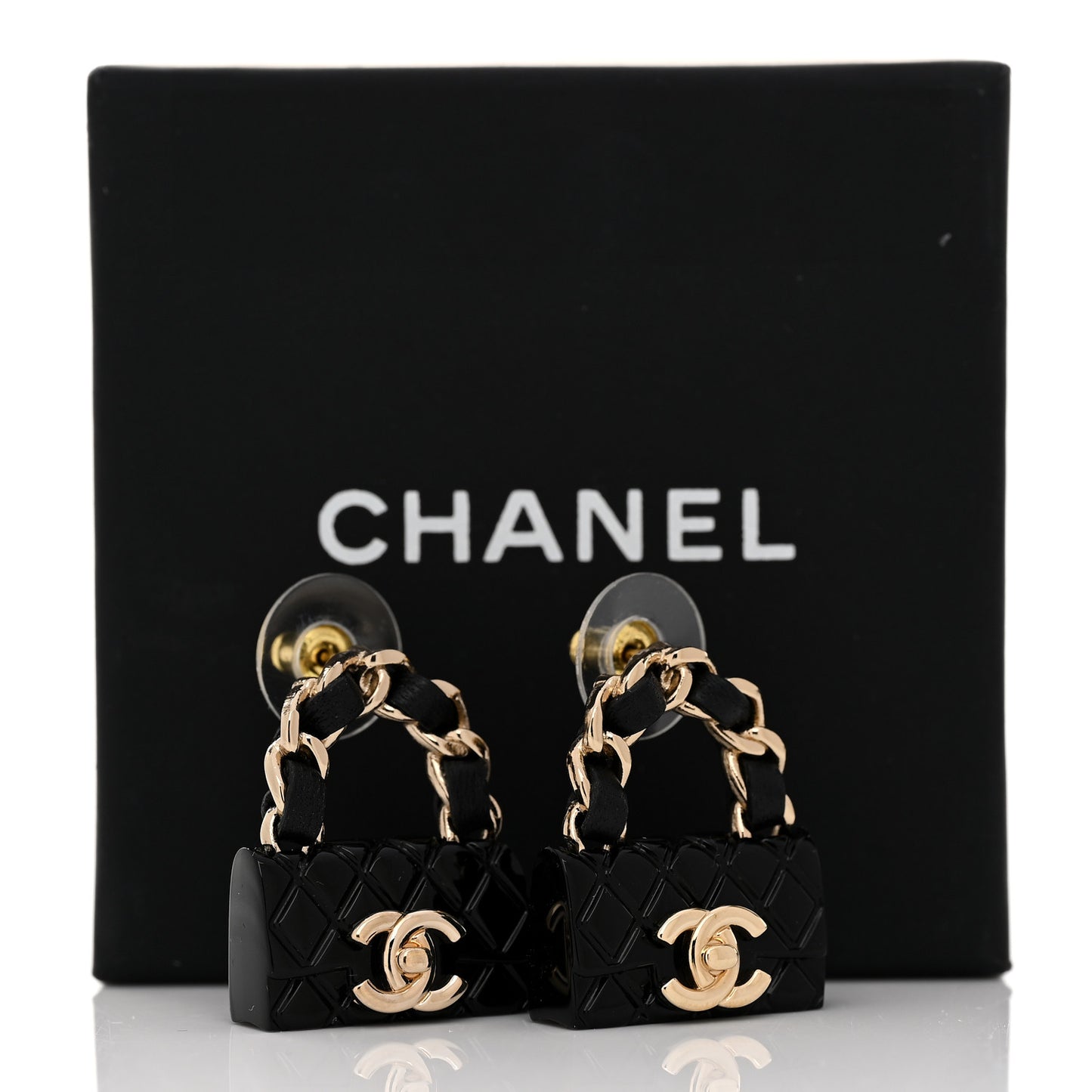 Metal Resin Lambskin Quilted CC Turnlock Chain Flap Bag Earrings Black Gold