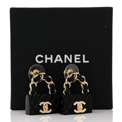 Chanel Metal Resin Lambskin Quilted CC Turnlock Chain Flap Bag Earrings Black Gold 8 of 8