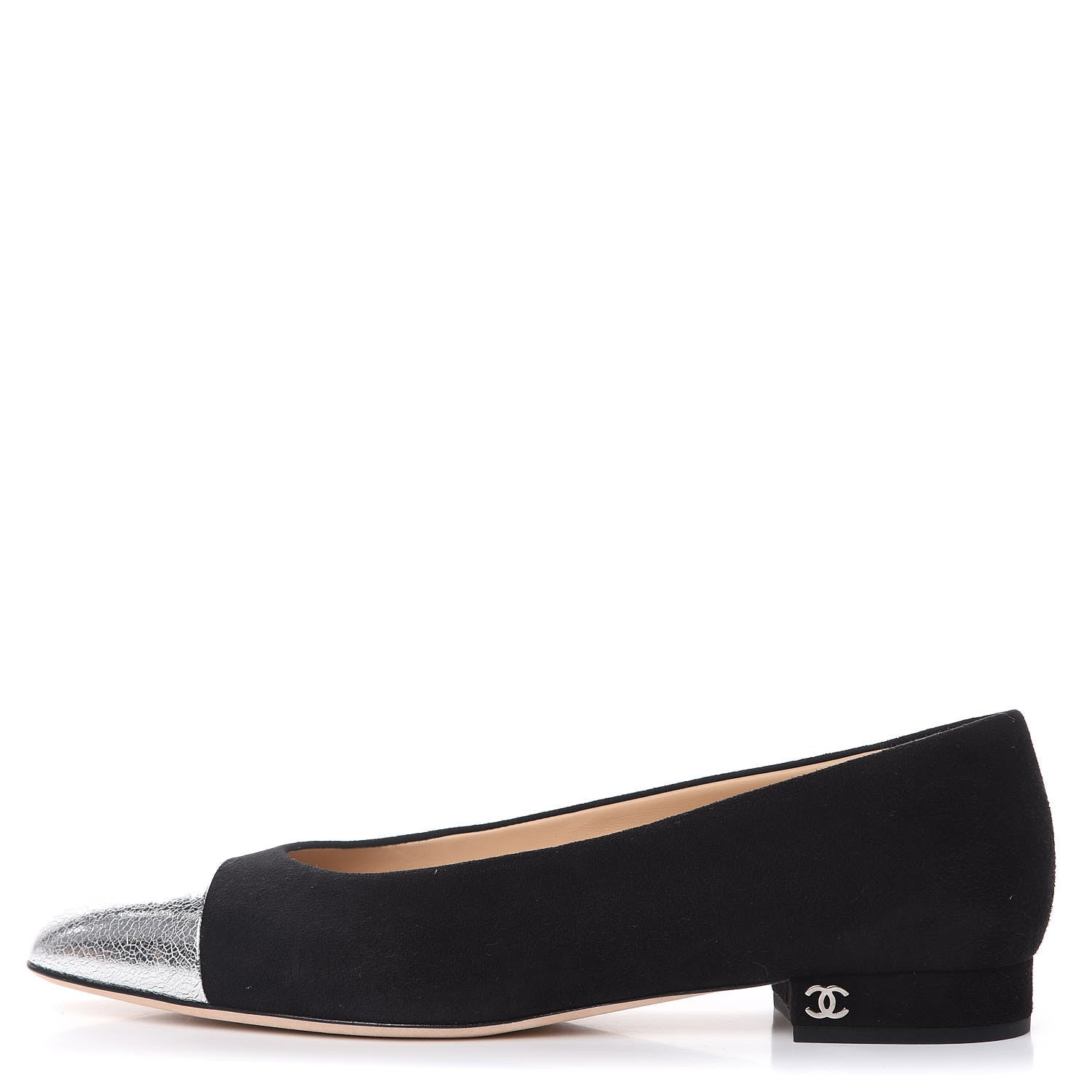 Chanel Kid Suede Metallic Lambskin Cap Toe Ballerina Flats 38.5 Silver Black 1 of 9
