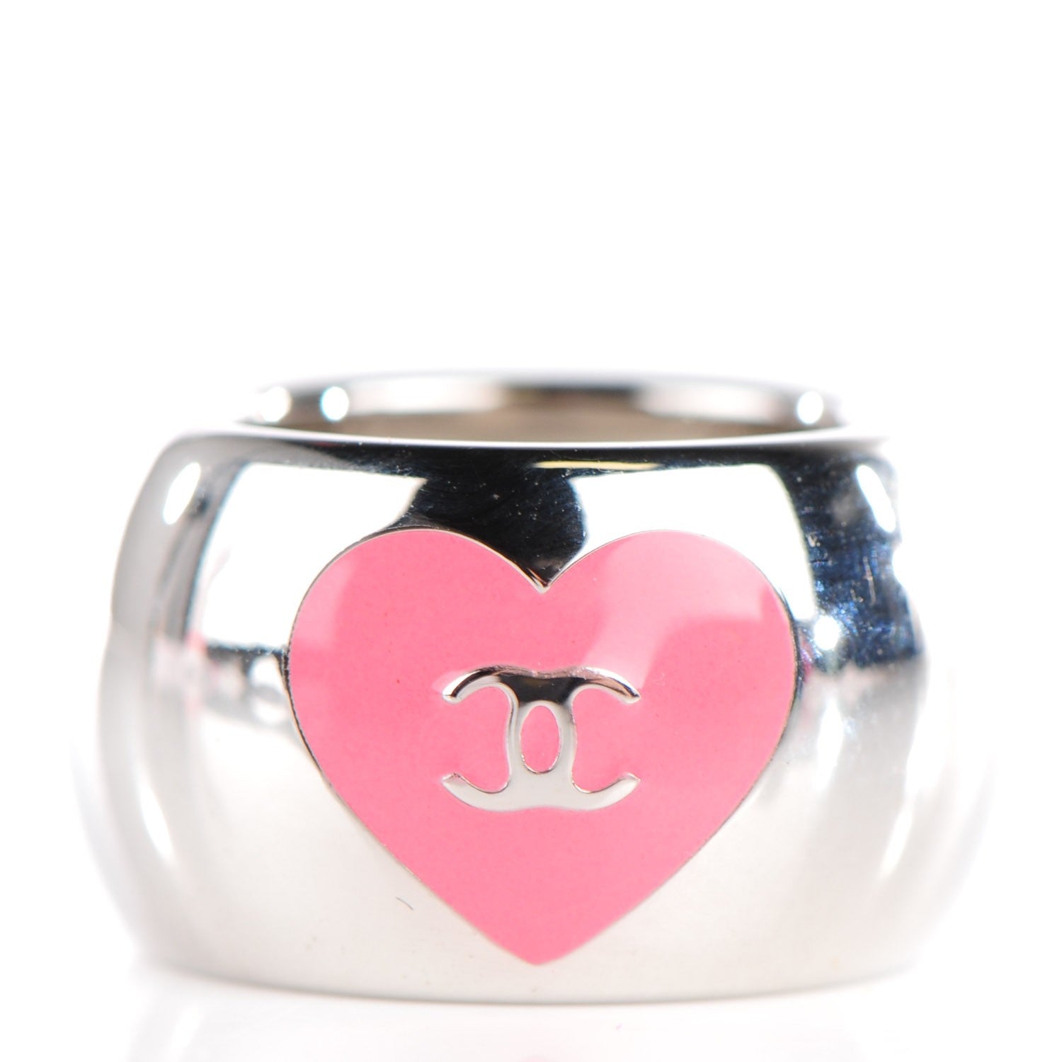 Chanel Metal Enamel Valentine CC Ring 6.5 Silver Pink 3 of 4