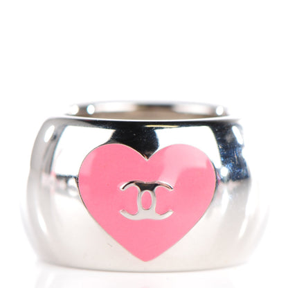 Chanel Metal Enamel Valentine CC Ring 6.5 Silver Pink 3 of 4