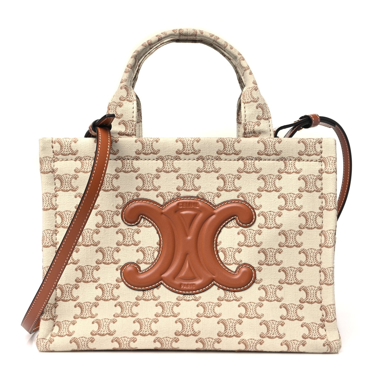 Canvas Calfskin Triomphe Print Small Cabas Thais White