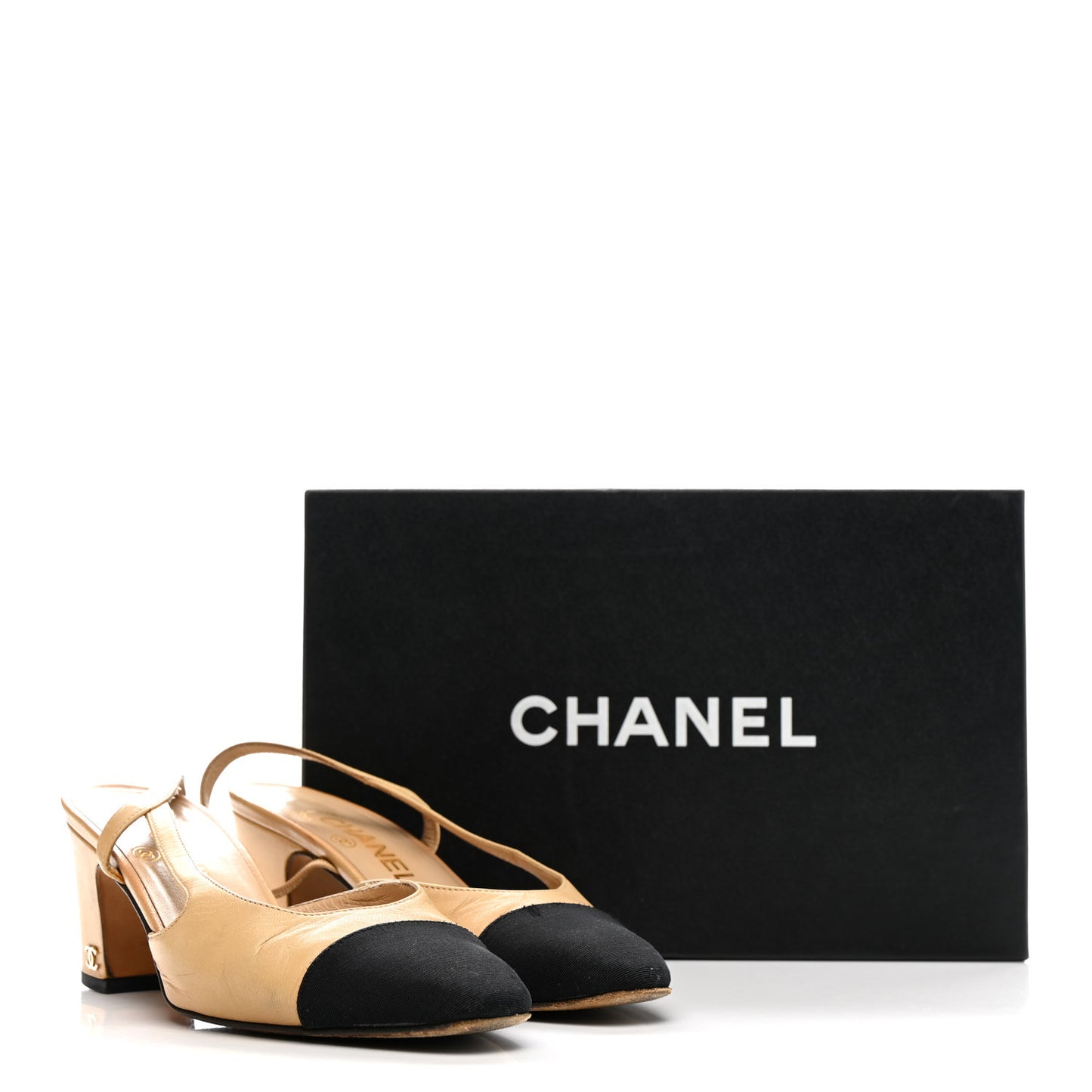 Goatskin Grosgrain Cap Toe CC Slingback Pumps 36 Beige Black