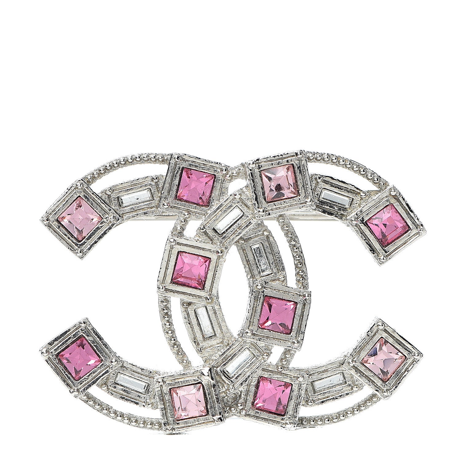 Chanel Crystal Baguette CC Brooch Pink Silver 1 of 3