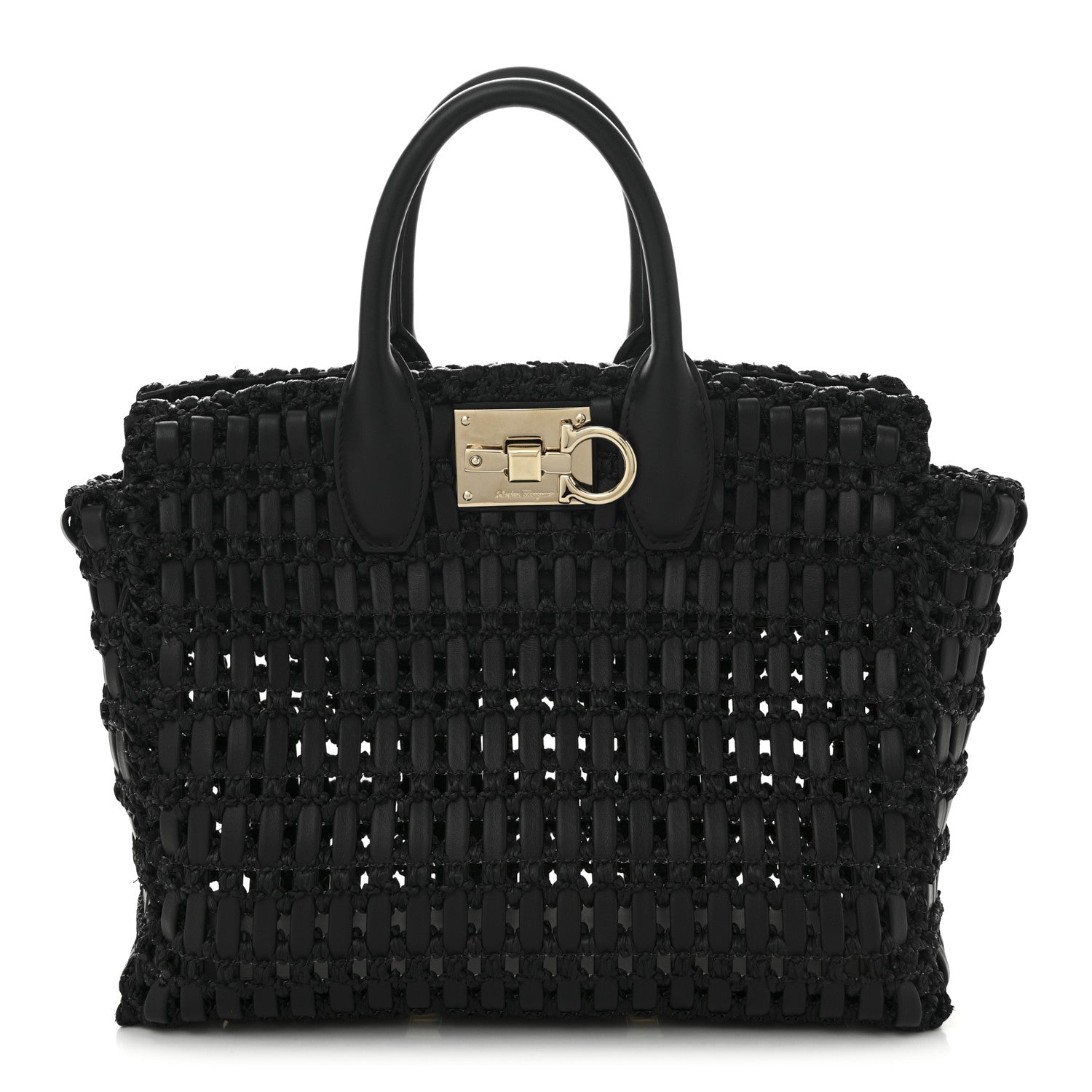 Salvatore Ferragamo Raffia Calfskin The Studio Box Tote Black 1 of 12