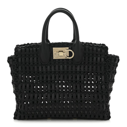 Salvatore Ferragamo Raffia Calfskin The Studio Box Tote Black 1 of 12