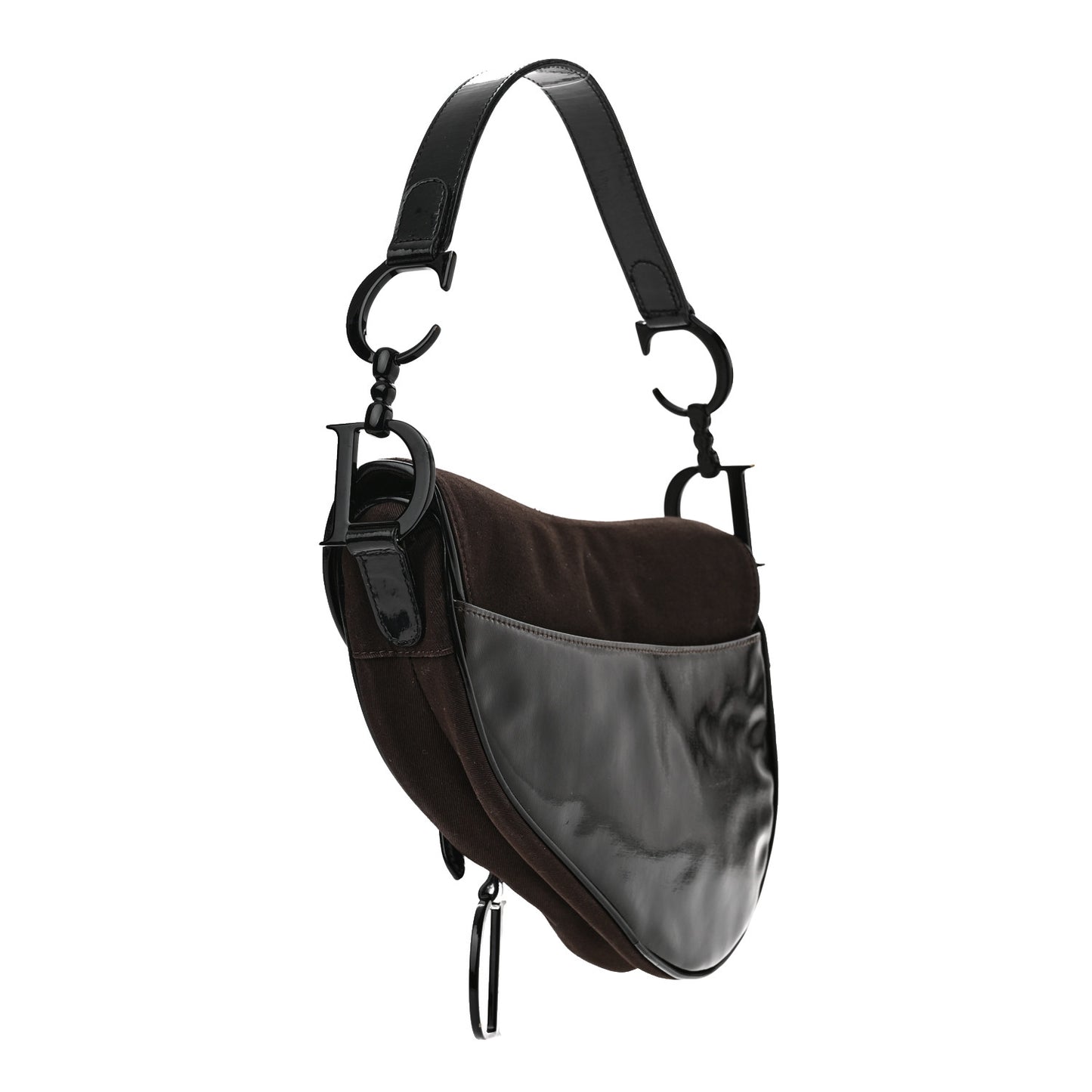 Canvas Patent Calfskin Saddle Bag Brown Black