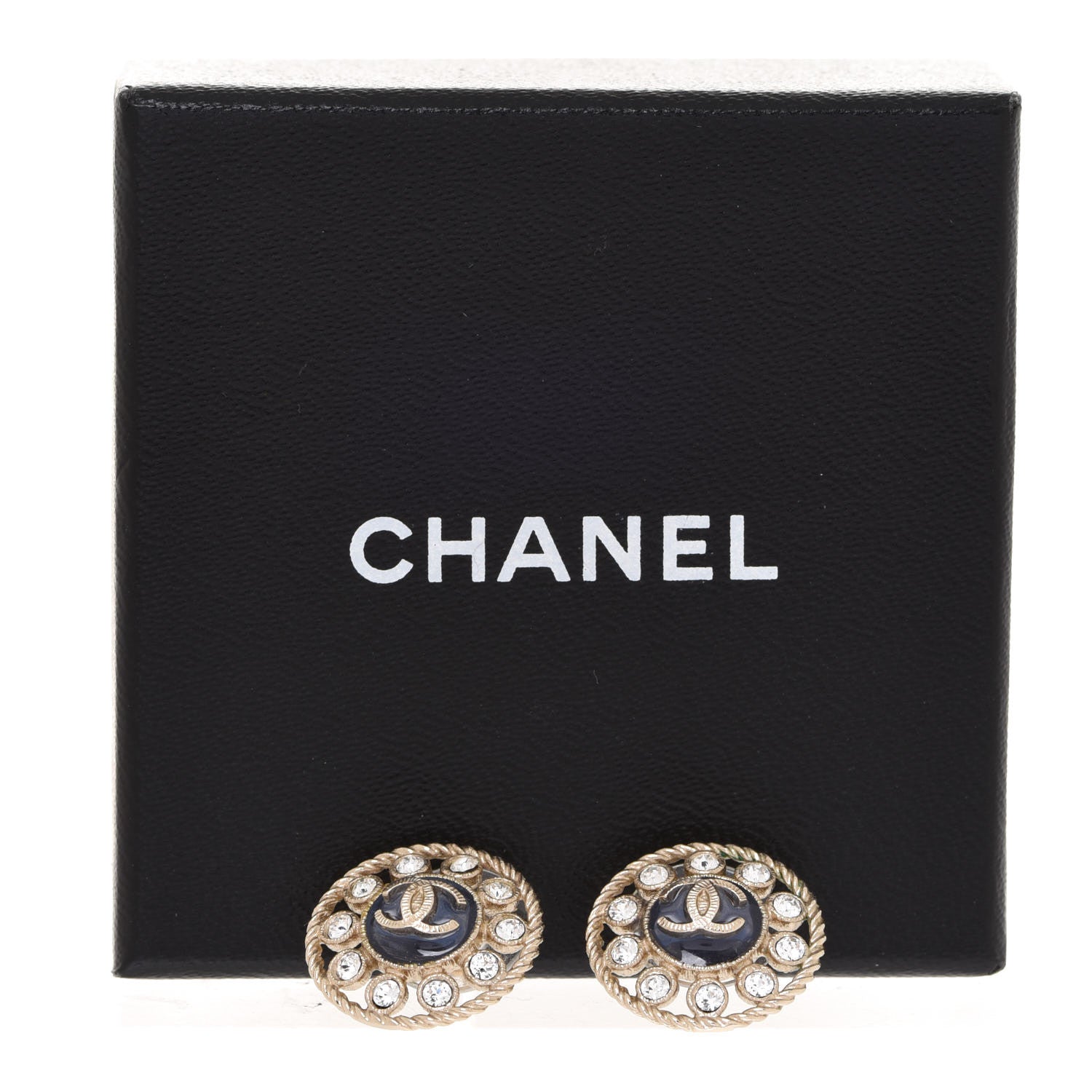 Chanel Crystal CC Round Earrings Blue Light Gold 5 of 5