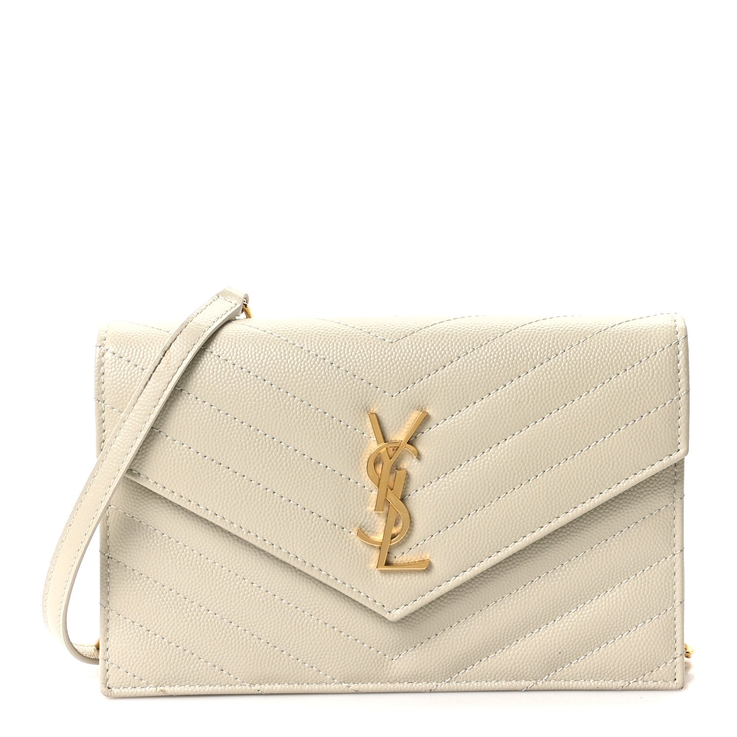 Saint Laurent Grain De Poudre Matelasse Chevron Monogram Envelope Chain Wallet Crema Soft 1 of 10