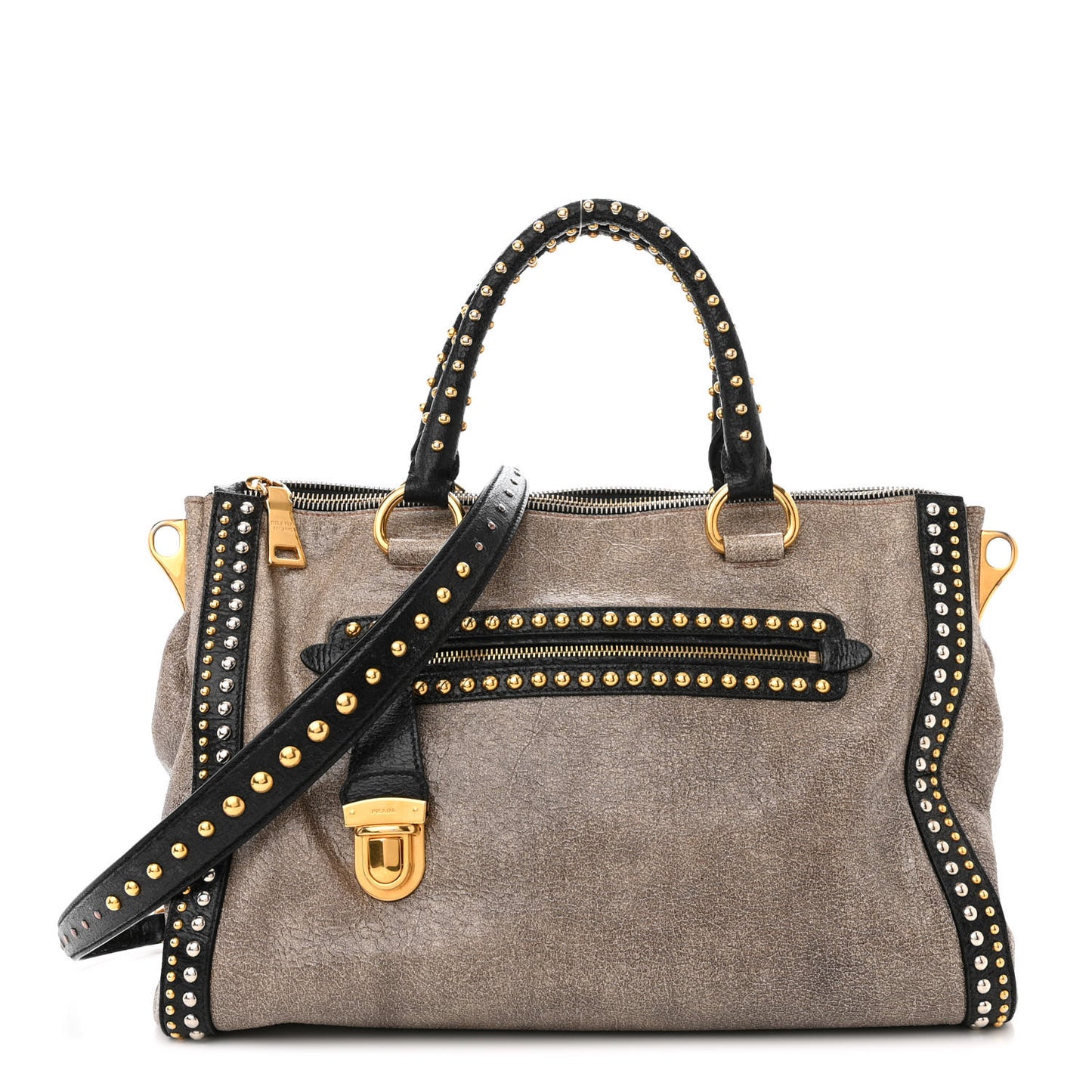 Crackled Calfskin Studded Tote Talco Black