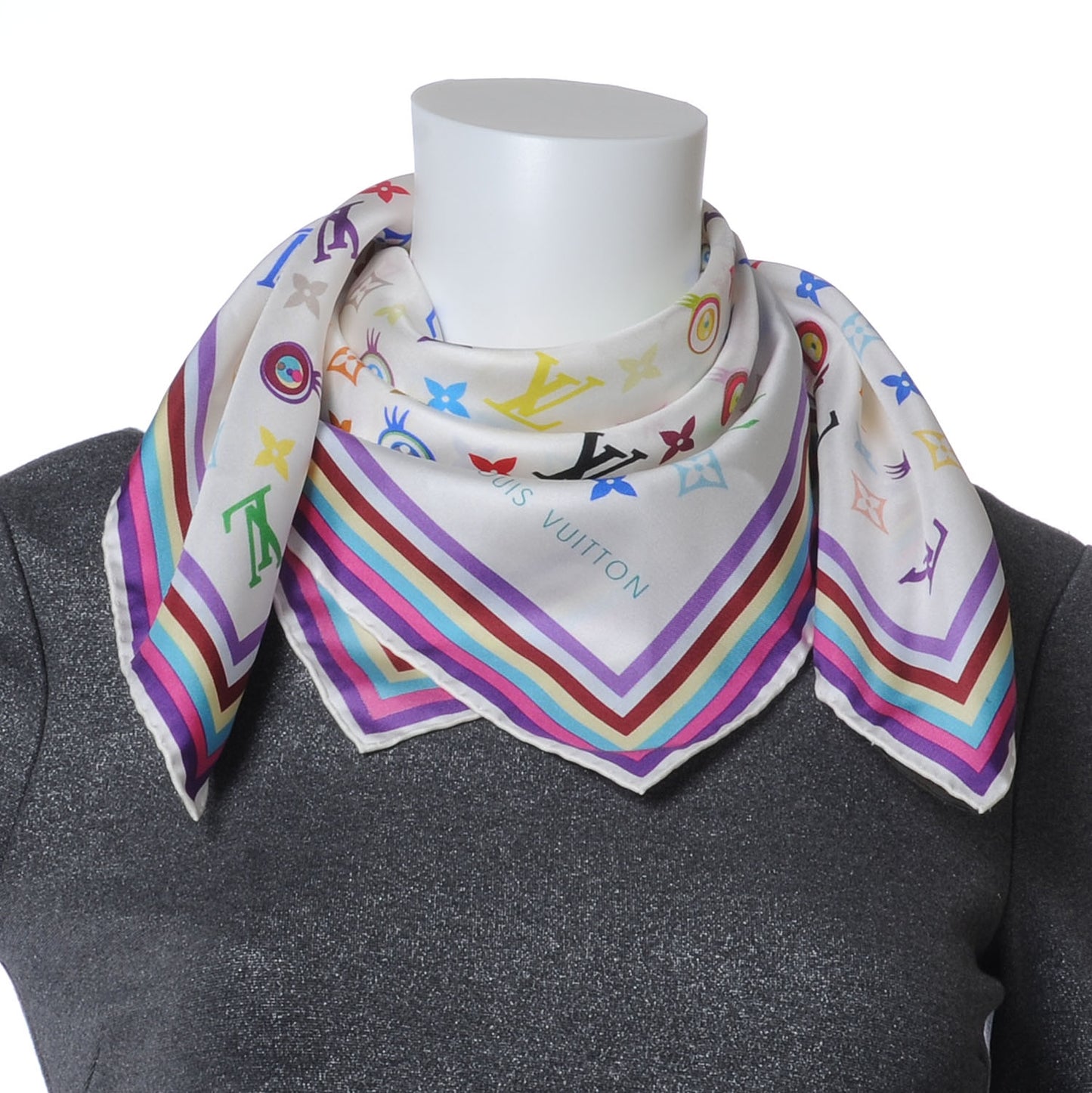 Silk Multicolor Eye Love Scarf White
