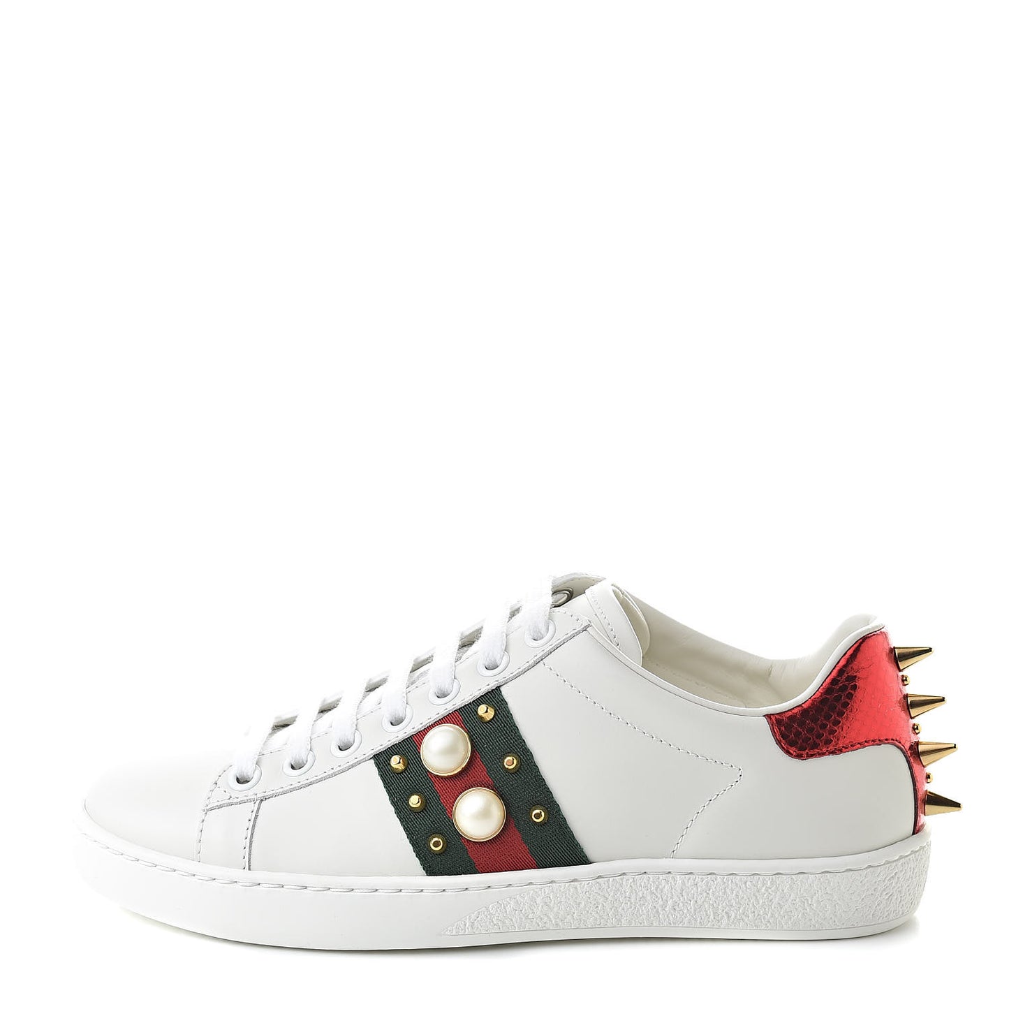 Calfskin Web Pearl Studded Womens Ace Sneakers 34 White