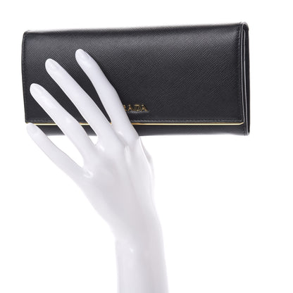 Prada Saffiano Metal Bar Continental Flap Wallet Black 2 of 9