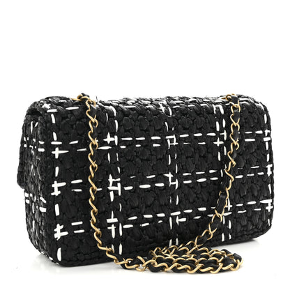 Chanel Raffia Effect Medium Tweedy Flap Bag Black White 3 of 11