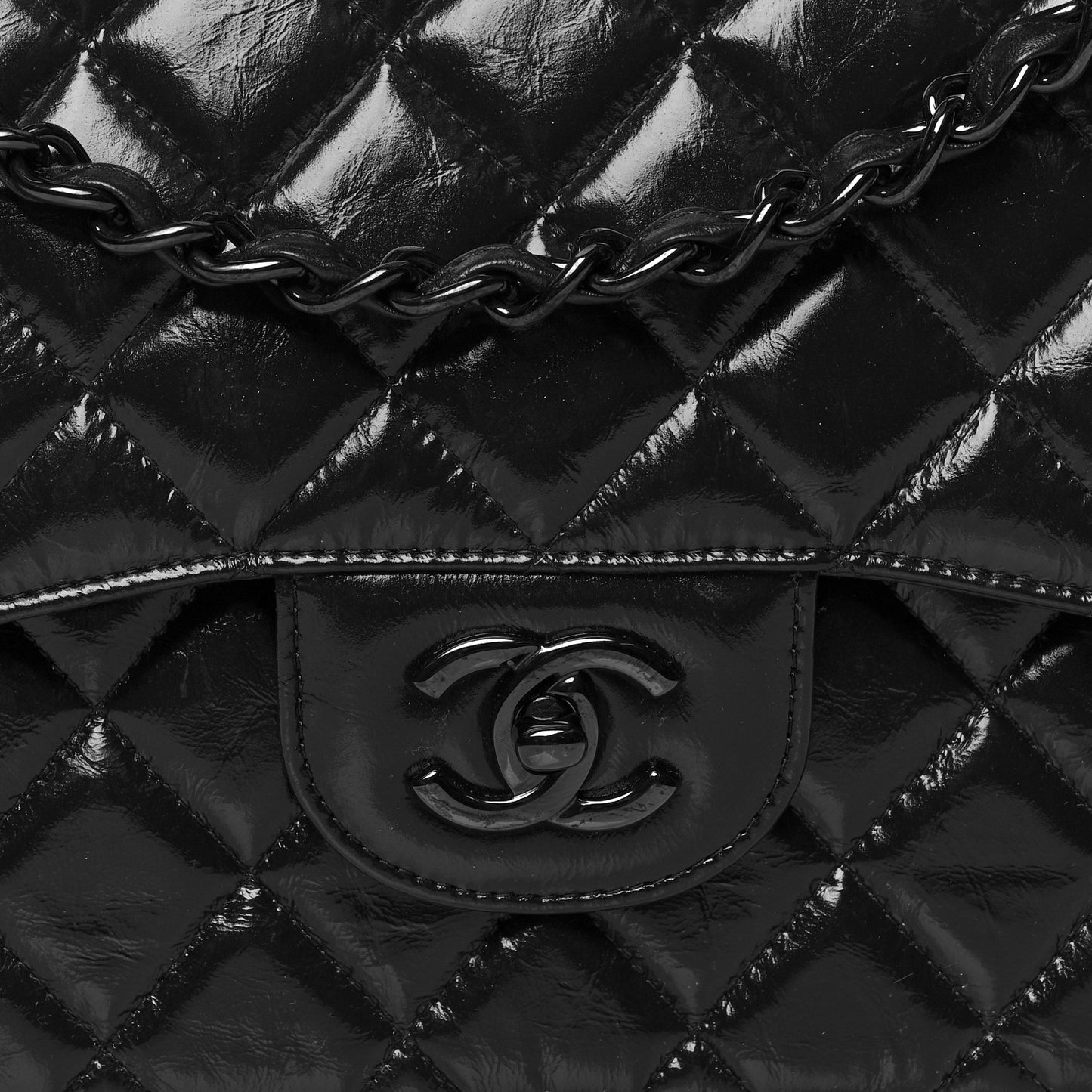 Shiny Distressed Calfskin Quilted Jumbo Double Flap So Black