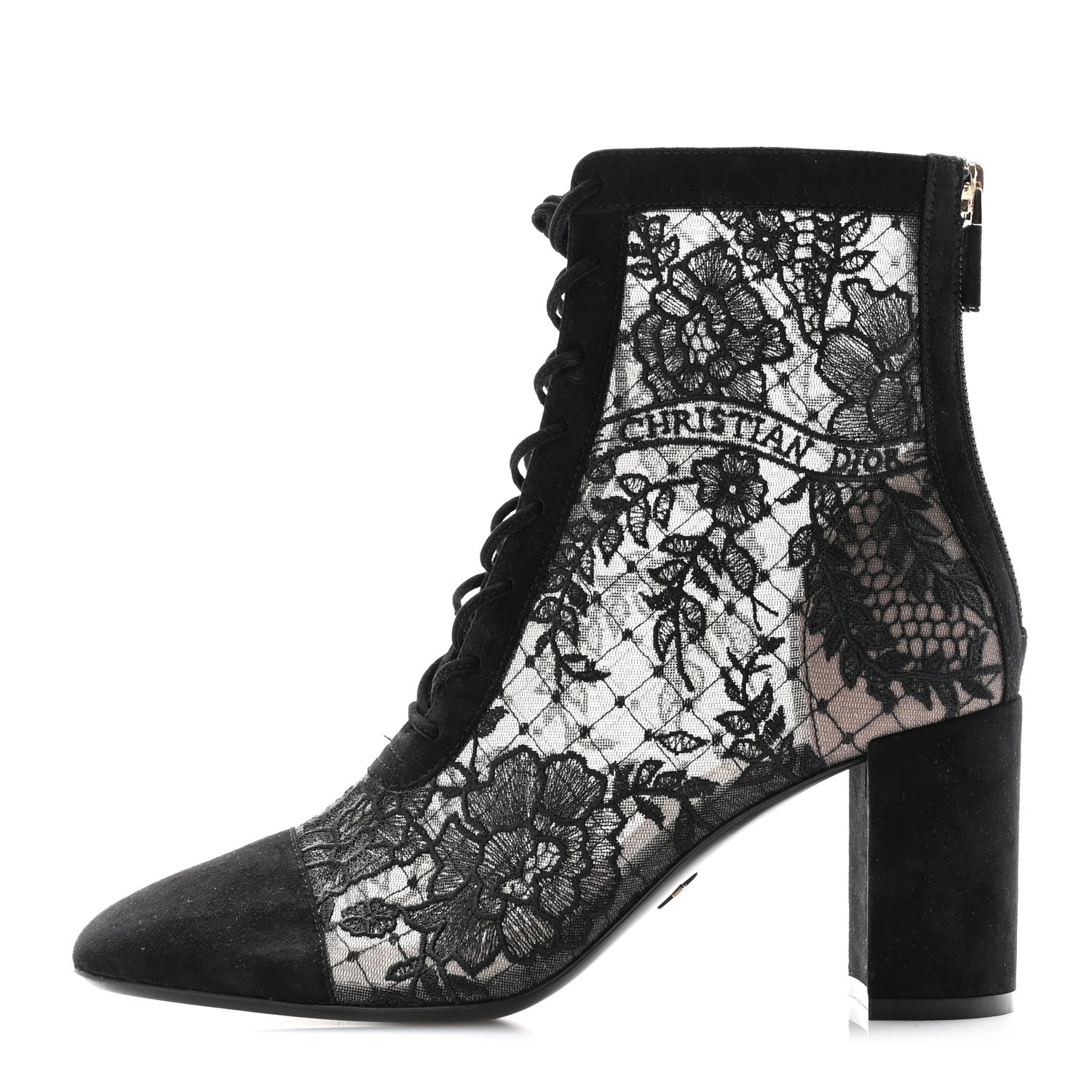Christian Dior Suede Transparent Mesh Embroidered Roses Naughtily-D Heeled Lace Up Ankle Boots 36.5 Black 1 of 11