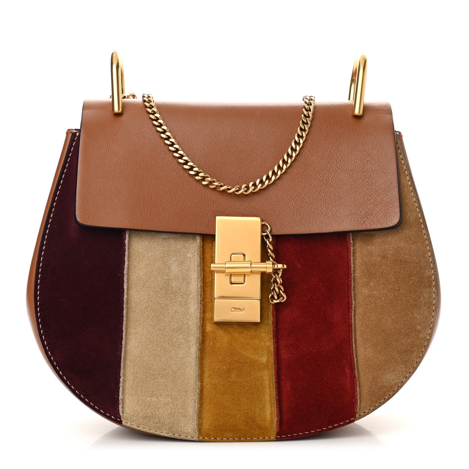 Chloe Smooth Calfskin Suede Striped Patchwork Drew Shoulder Bag Caramel 1 of 10