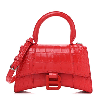 Balenciaga Shiny Calfskin Tonal B Crocodile Embossed Hourglass Top Handle Bag XS Bright Red 1 of 18