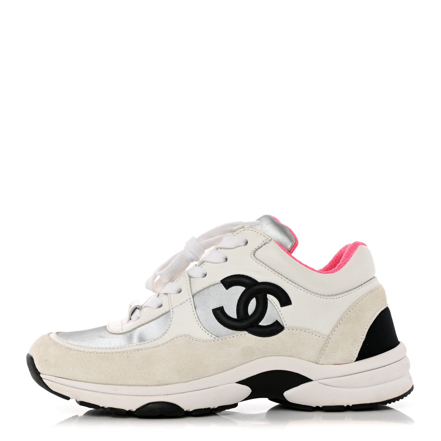 Chanel Calfskin Fabric Sneakers 37 White Silver Fluo Pink 1 of 14