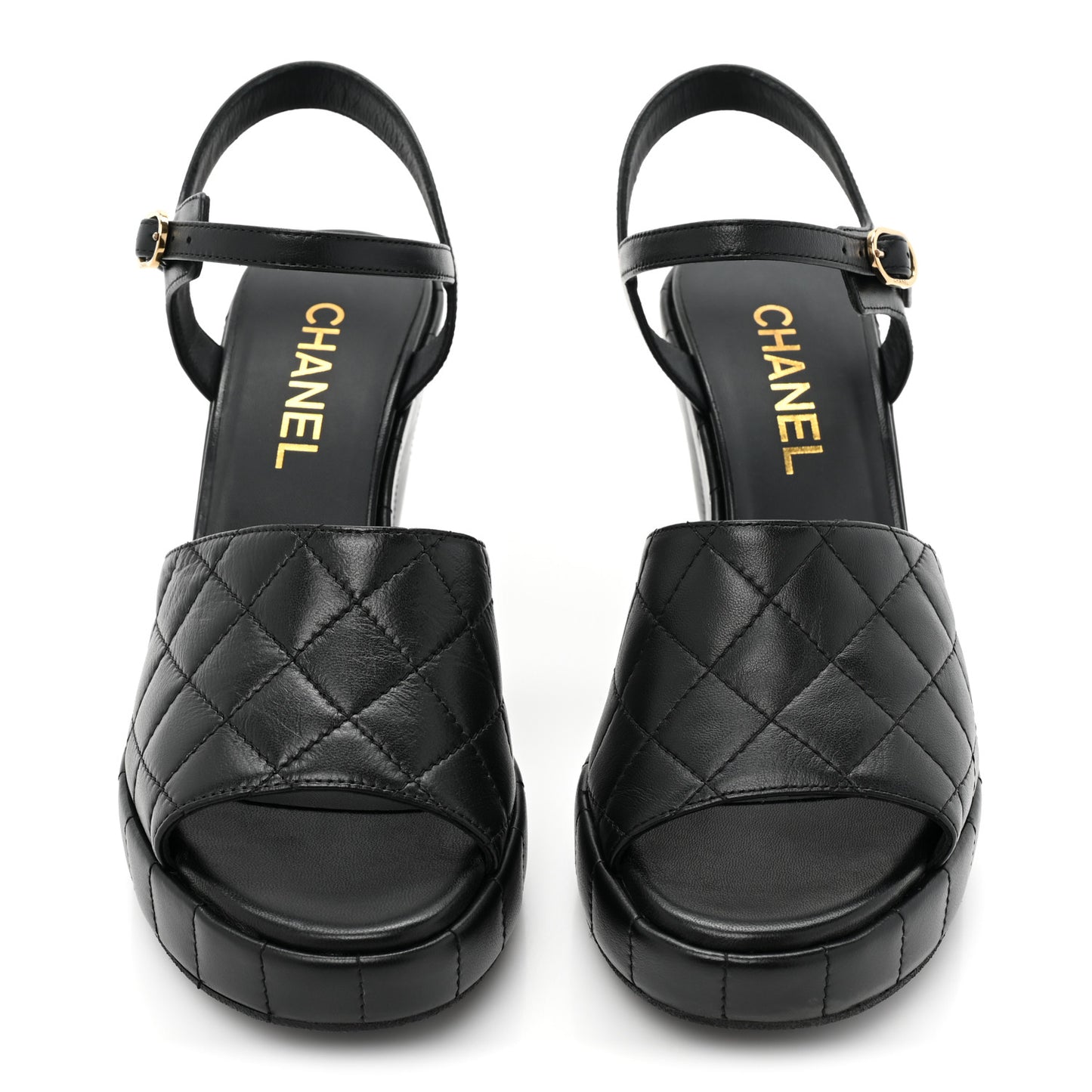Lambskin Quilted Peep Toe Wedge Sandals 38.5 Black