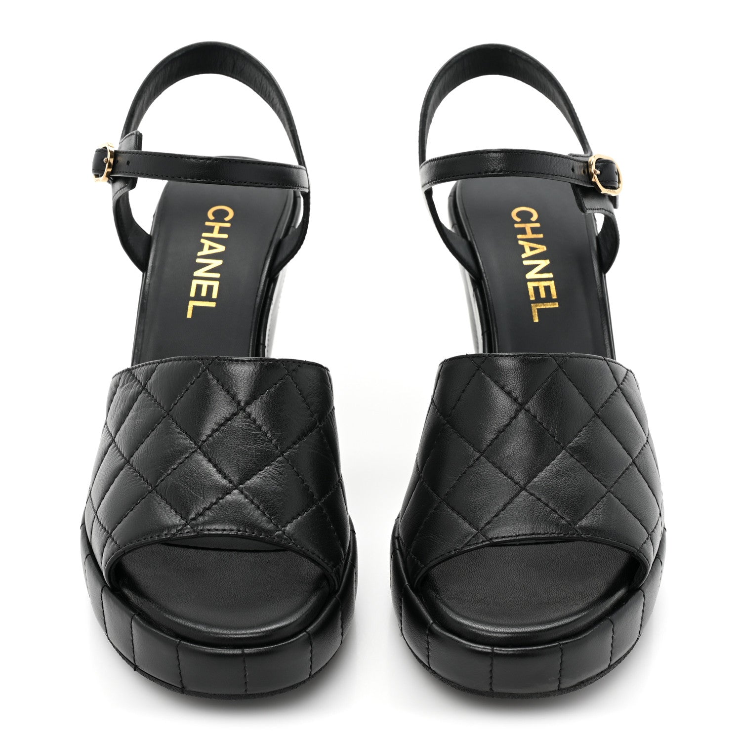 Chanel Lambskin Quilted Peep Toe Wedge Sandals 38.5 Black 2 of 9