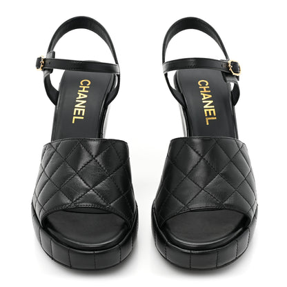 Chanel Lambskin Quilted Peep Toe Wedge Sandals 38.5 Black 2 of 9