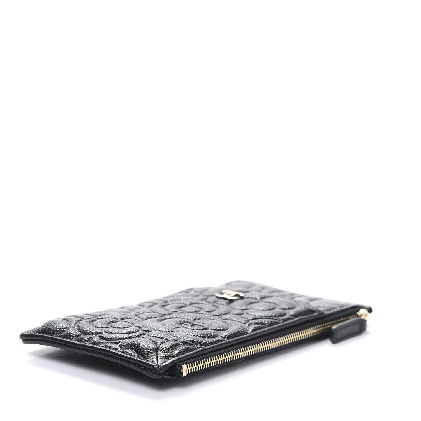 Caviar Camellia Embossed Classic Flat Wallet Pouch Black