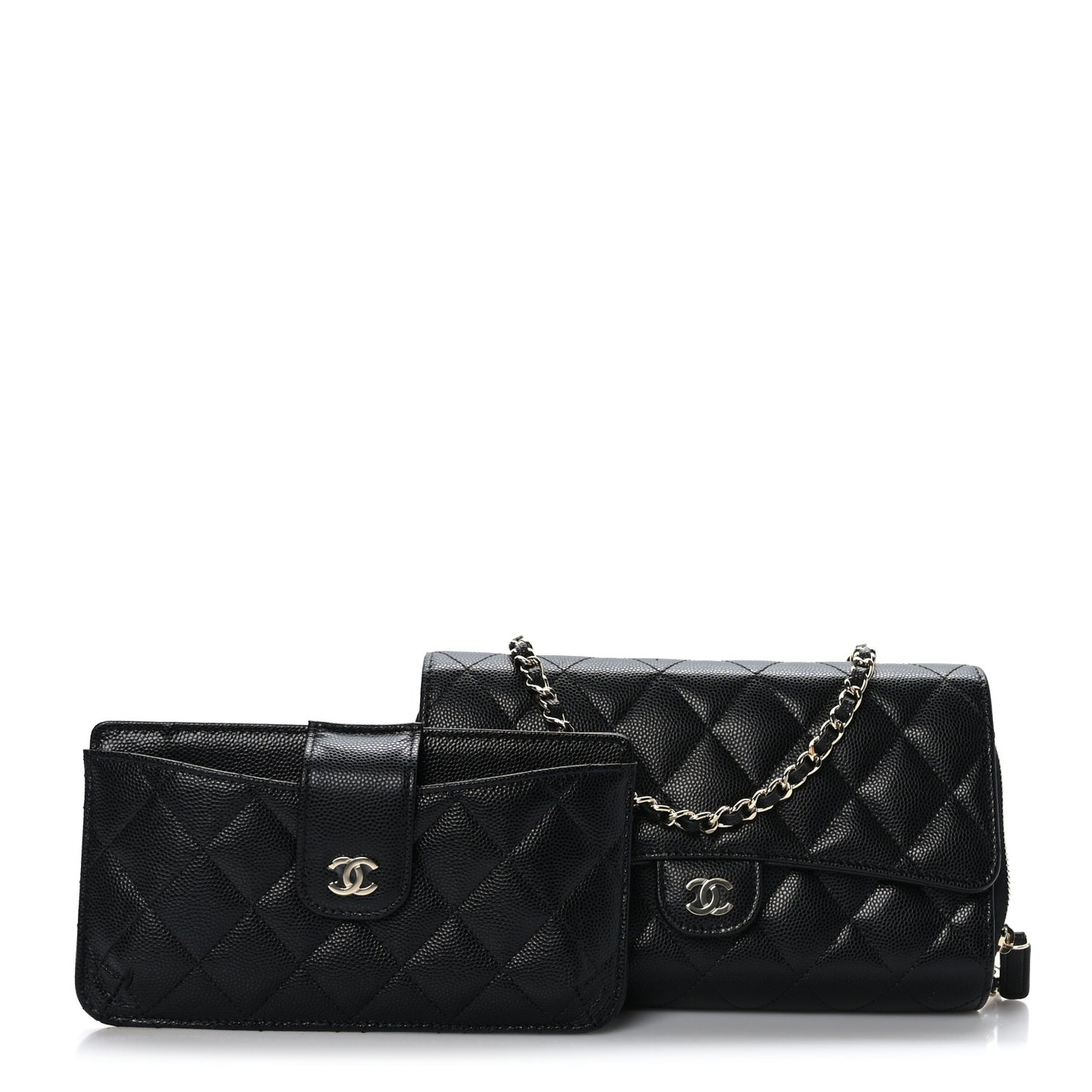 Caviar Quilted Phone Holder Wallet on Removable Chain Black