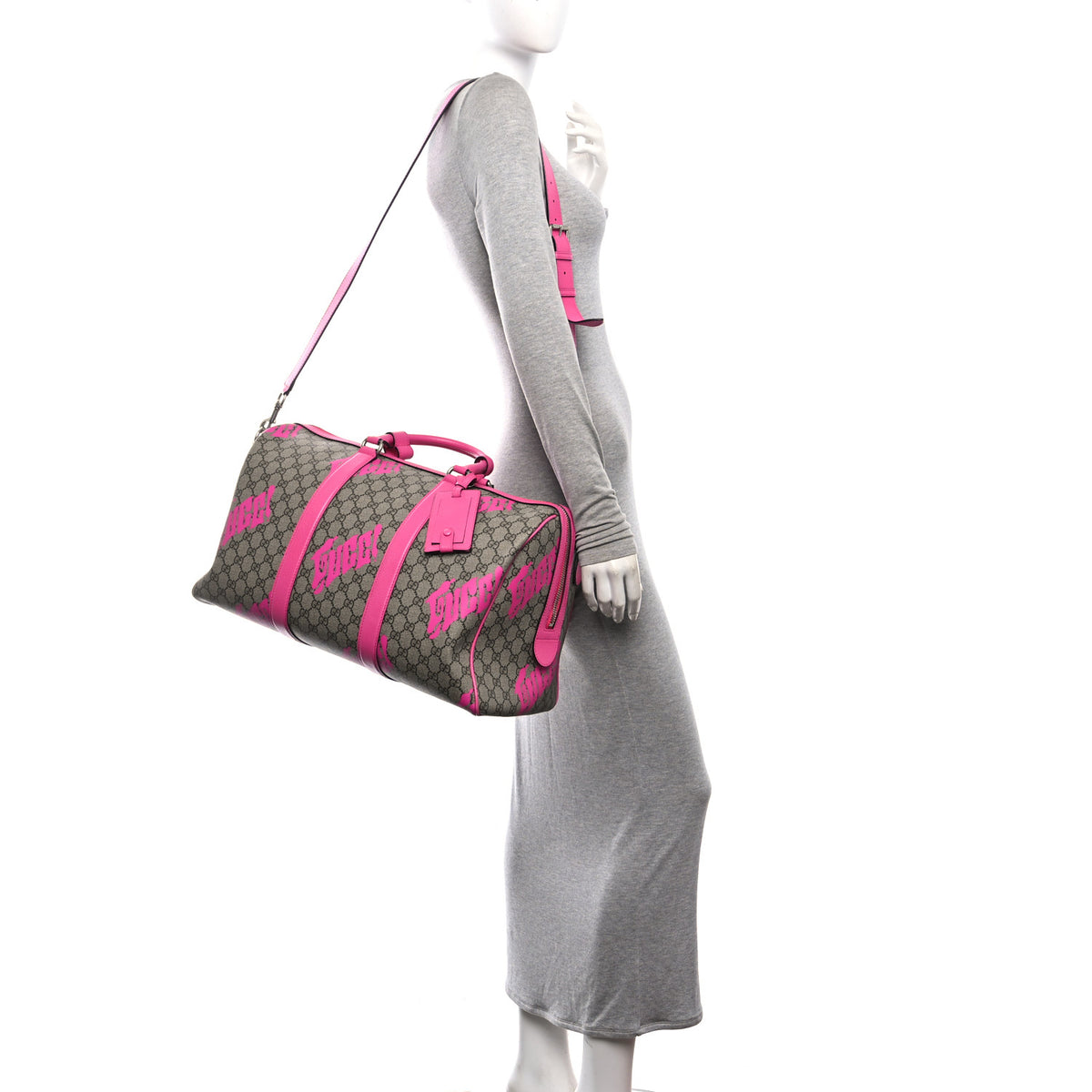 GG Supreme Monogram Textured Dollar Calfskin Currynew Print Medium Duffle Bag Pink Beige