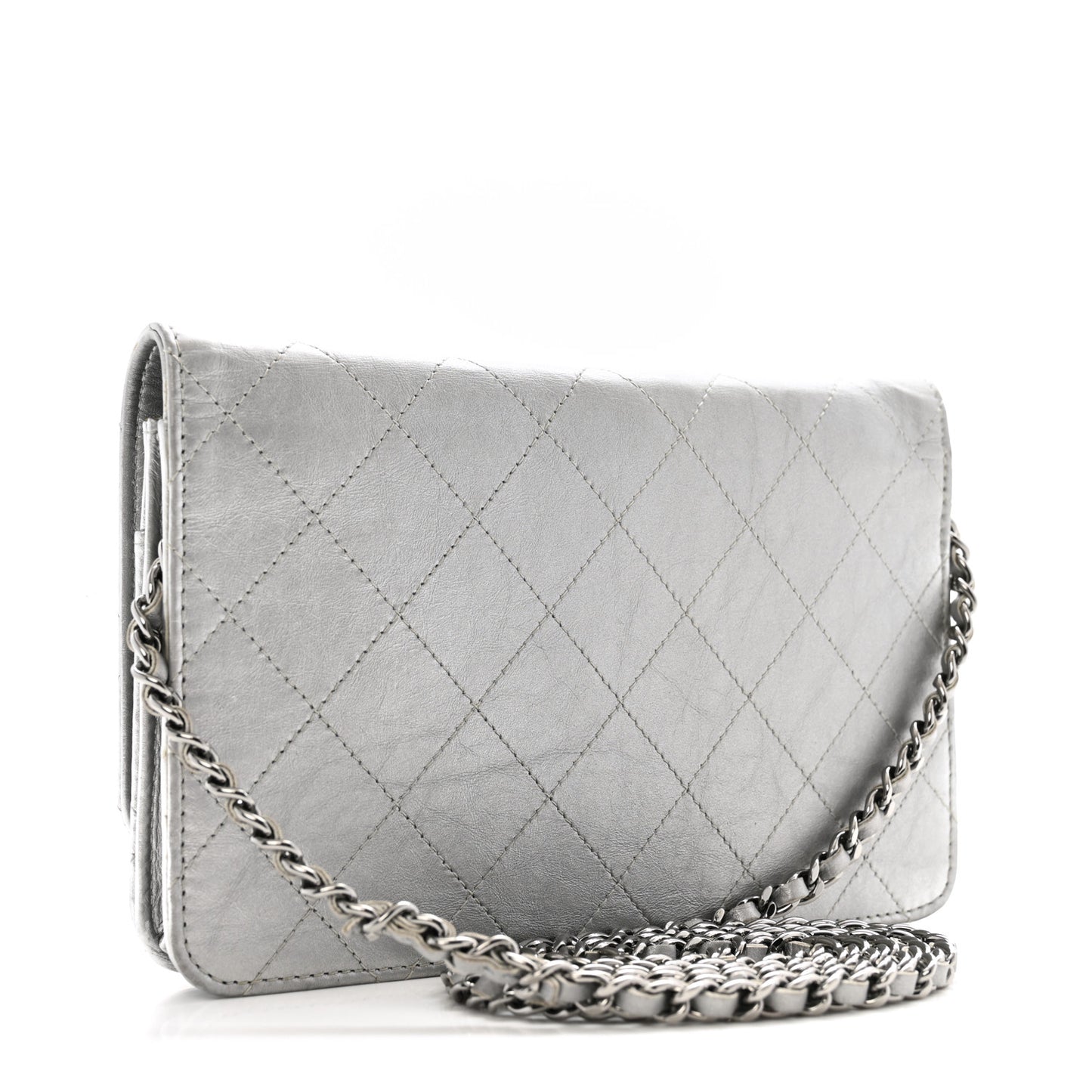 Metallic Aged Calfskin Quilted Wallet on Chain WOC Silver