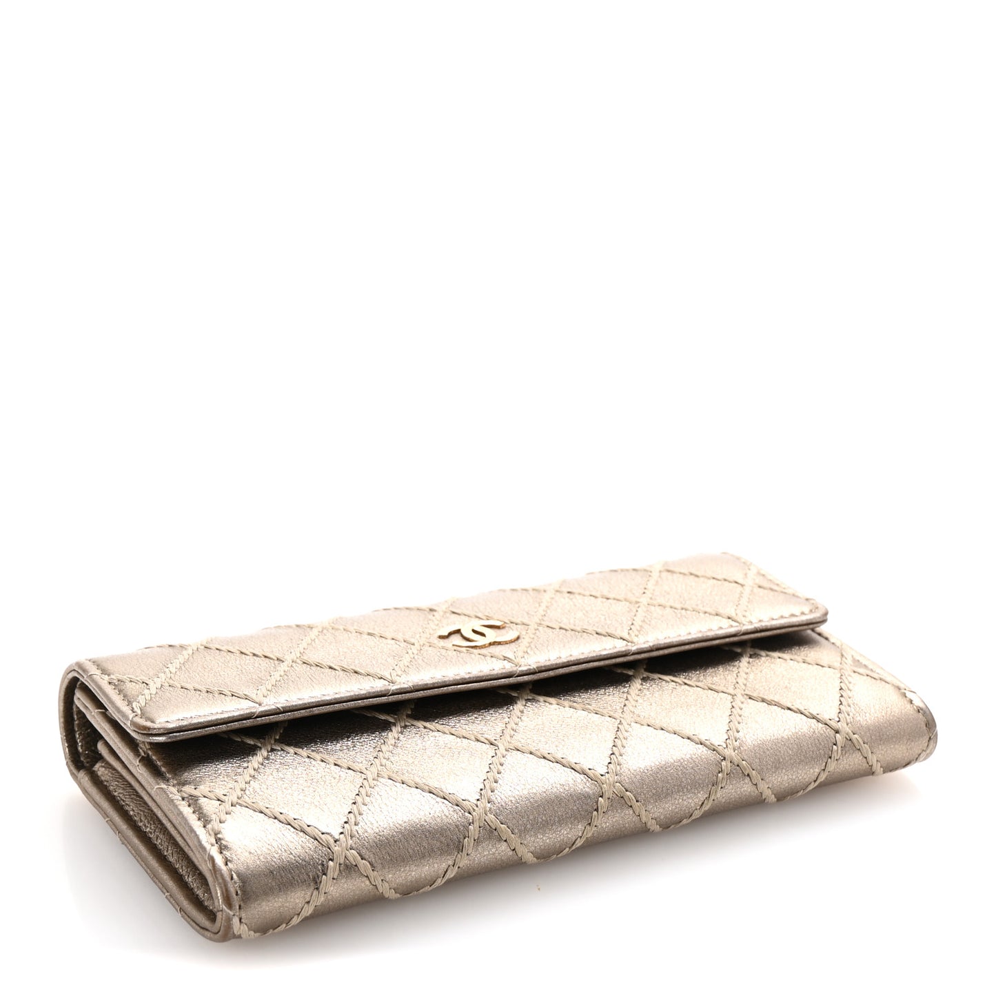 Metallic Lambskin Quilted Stitch Large Gusset Flap Wallet Gold