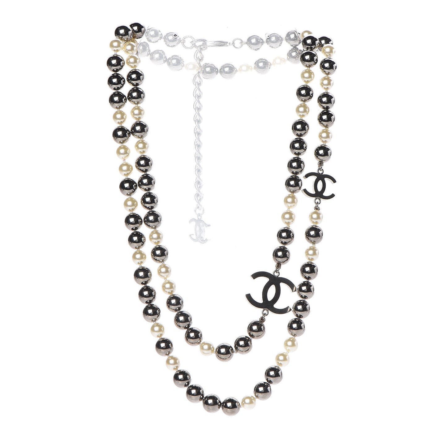 Pearl Beaded CC Long Necklace Silver