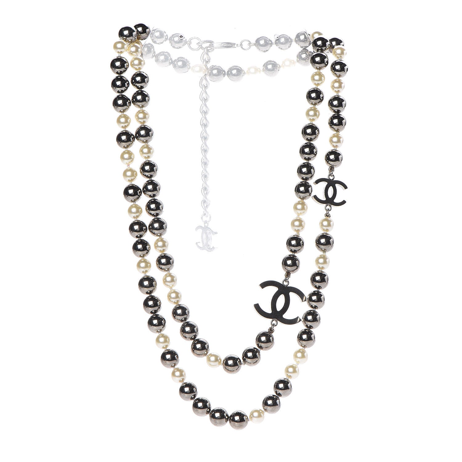 Chanel Pearl Beaded CC Long Necklace Silver 3 of 4
