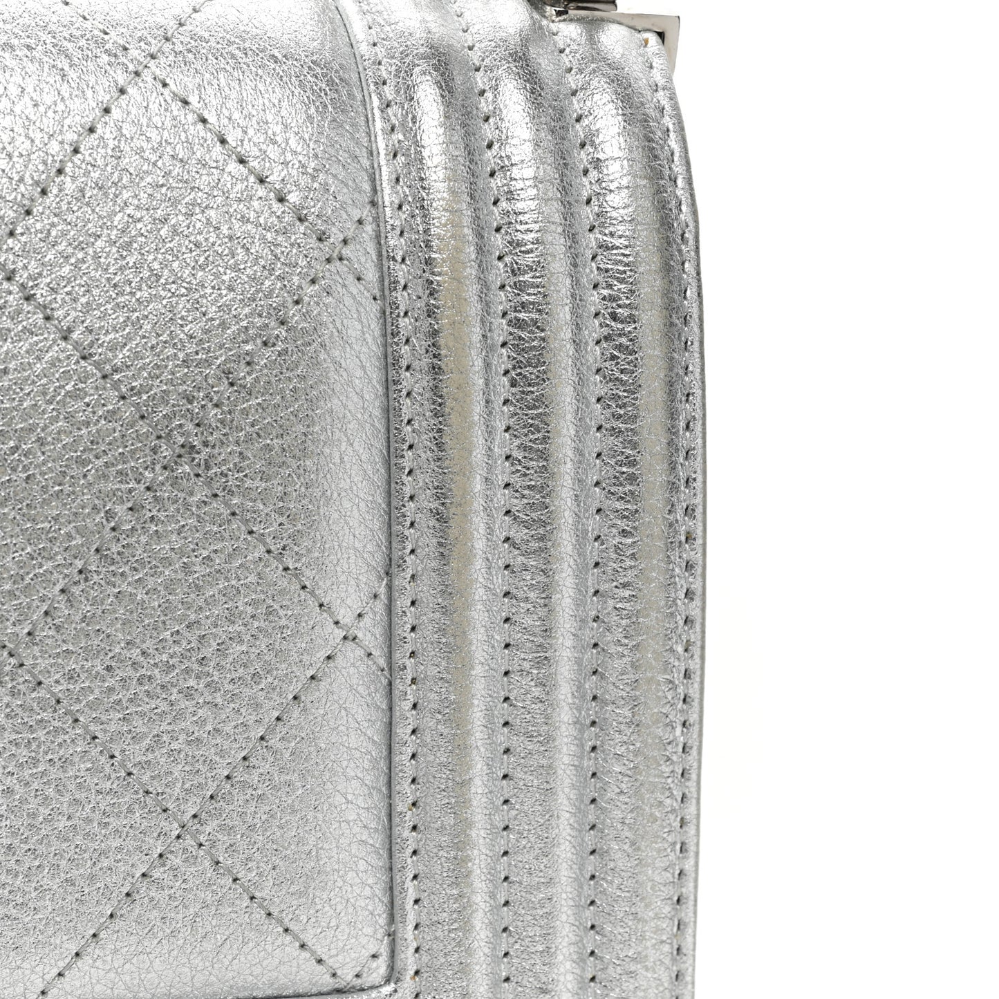 Metallic Calfskin Camellia Quilted Small Boy Flap Silver