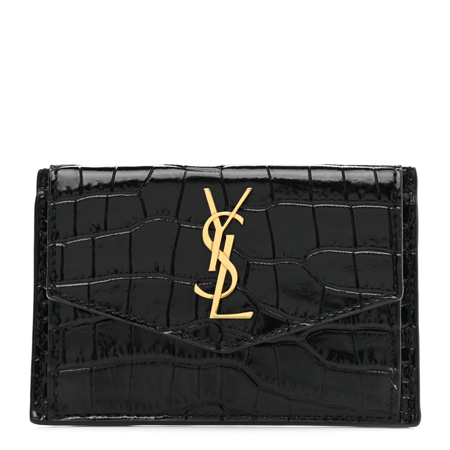 Calfskin Crocodile Embossed Uptown Monogram Card Case Black