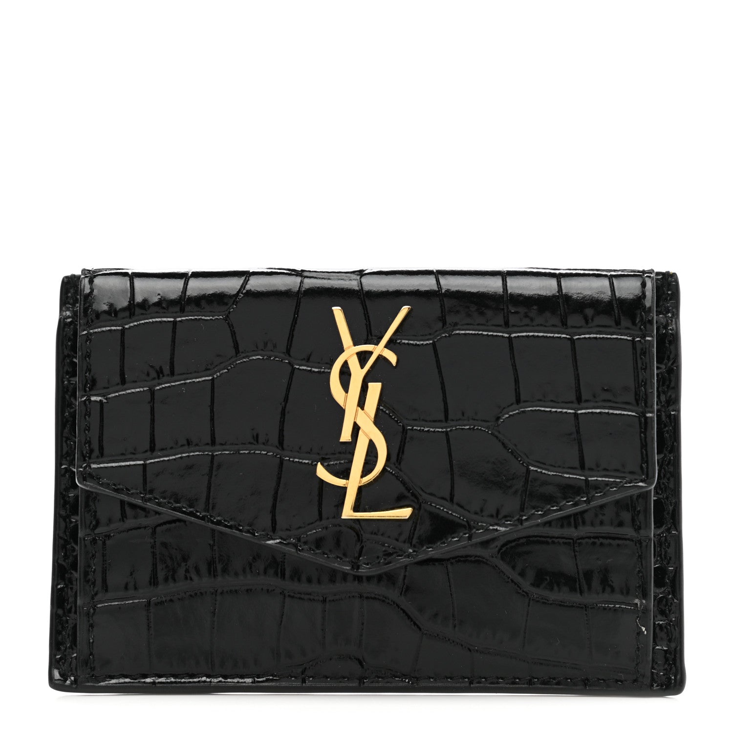 Saint Laurent Calfskin Crocodile Embossed Uptown Monogram Card Case Black 1 of 9