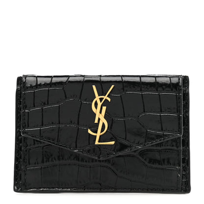 Saint Laurent Calfskin Crocodile Embossed Uptown Monogram Card Case Black 1 of 9