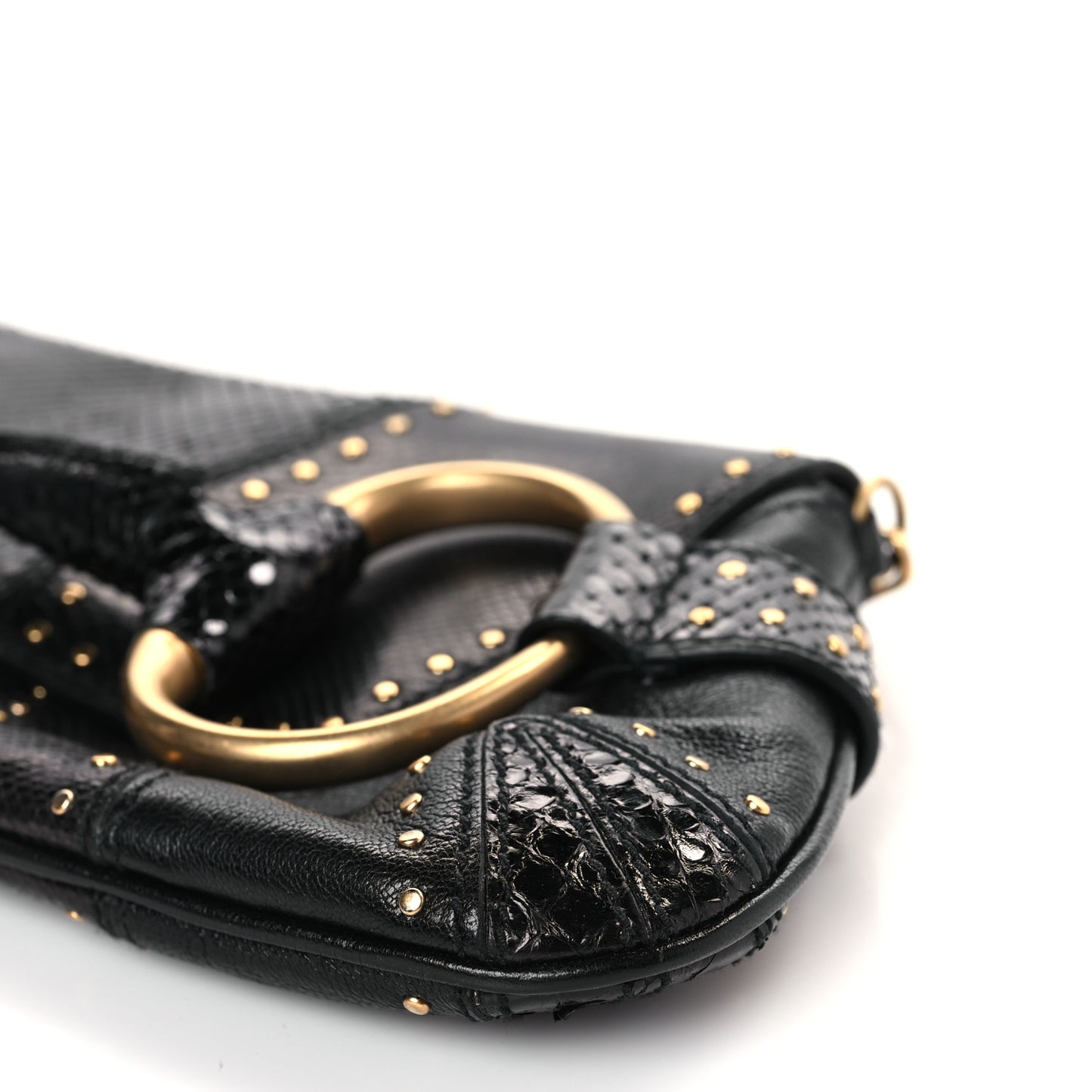 Snakeskin Studded Horsebit Chain Clutch Black