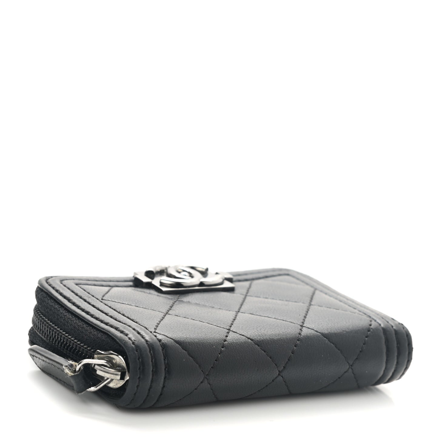 Lambskin Quilted Zip Around Boy Coin Purse Wallet Black