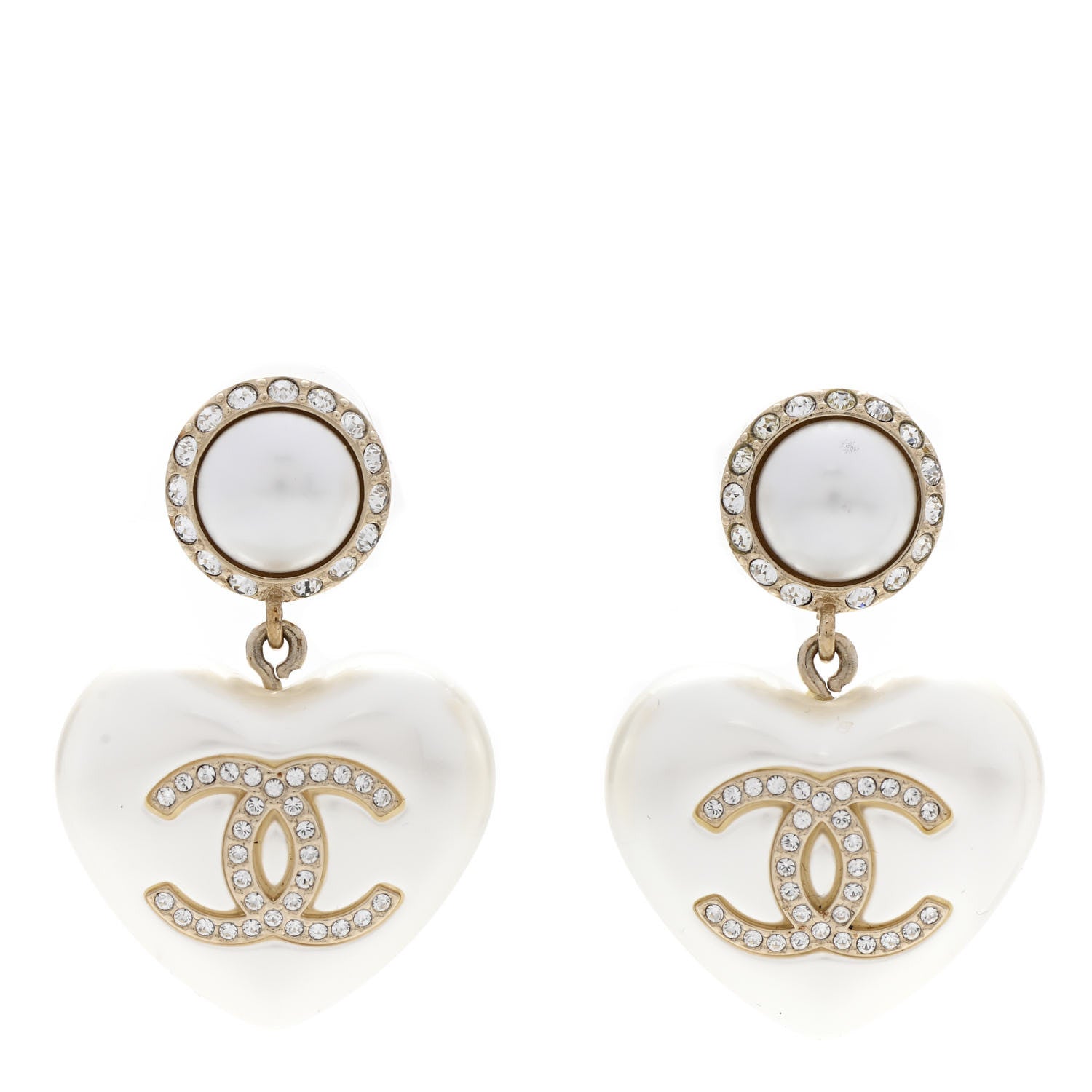 Chanel Pearl Crystal CC Heart Drop Earrings Gold 1 of 4