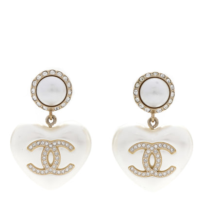 Chanel Pearl Crystal CC Heart Drop Earrings Gold 1 of 4