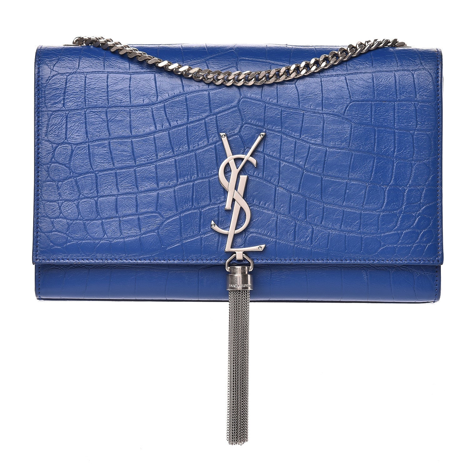 Saint Laurent Calfskin Crocodile Embossed Medium Classic Monogram Kate Tassel Satchel Bleu Majorelle 1 of 23
