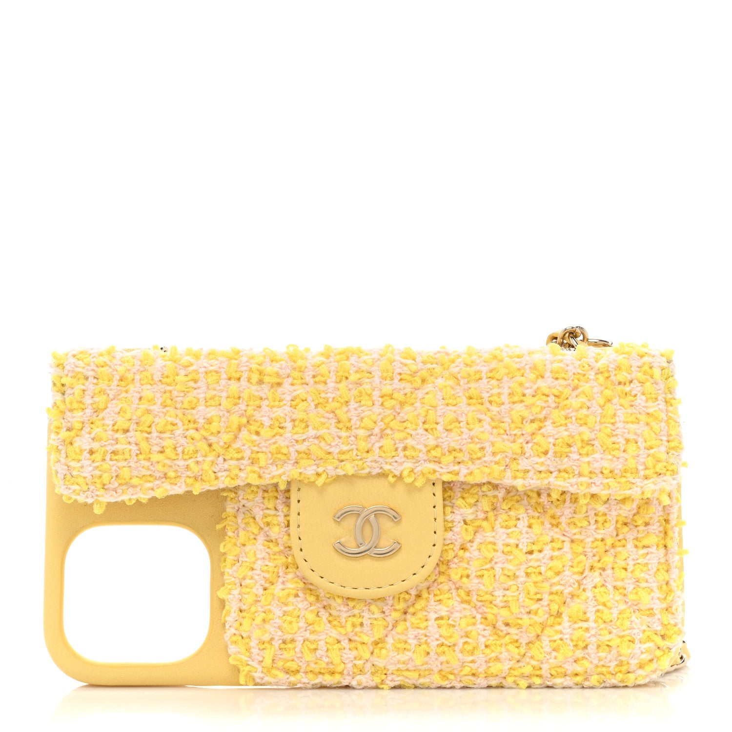 Chanel Tweed Quilted iPhone XII Pro Case With Chain Yellow Pink