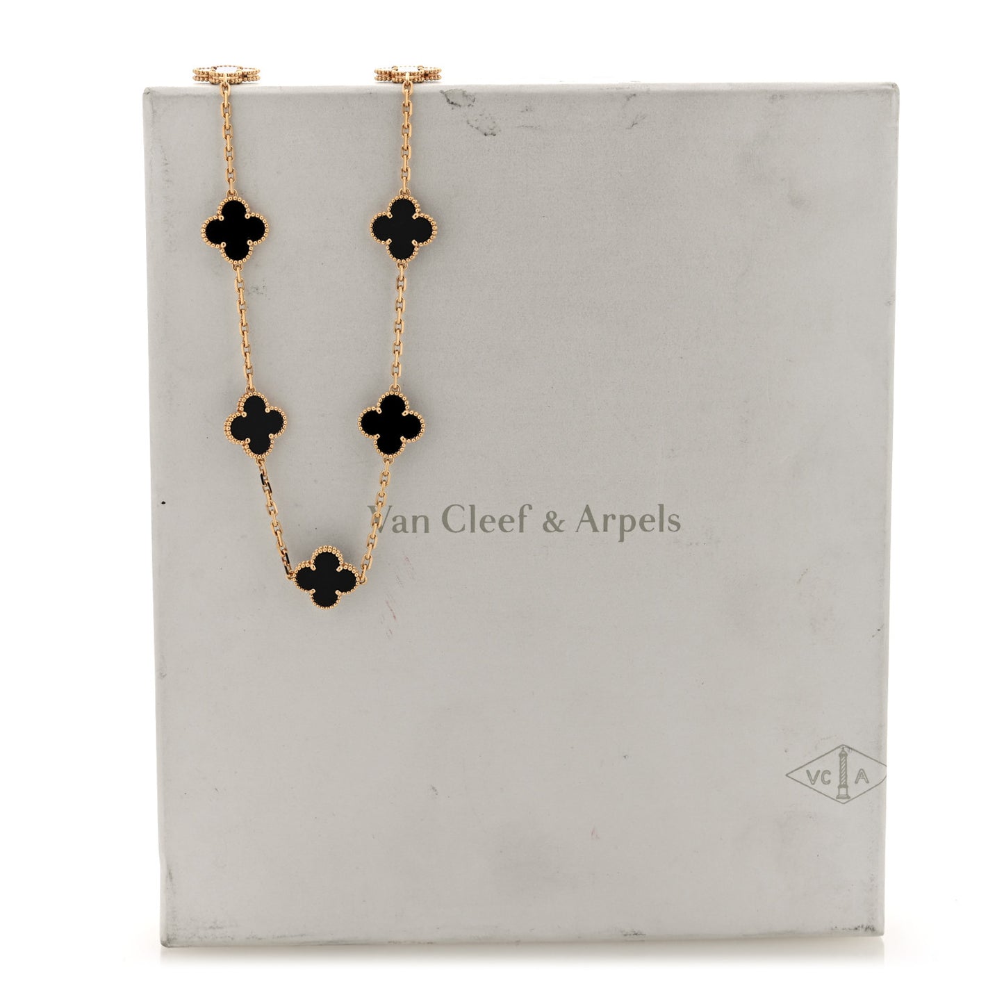 18K Yellow Gold Black Onyx 10 Motifs Vintage Alhambra Necklace