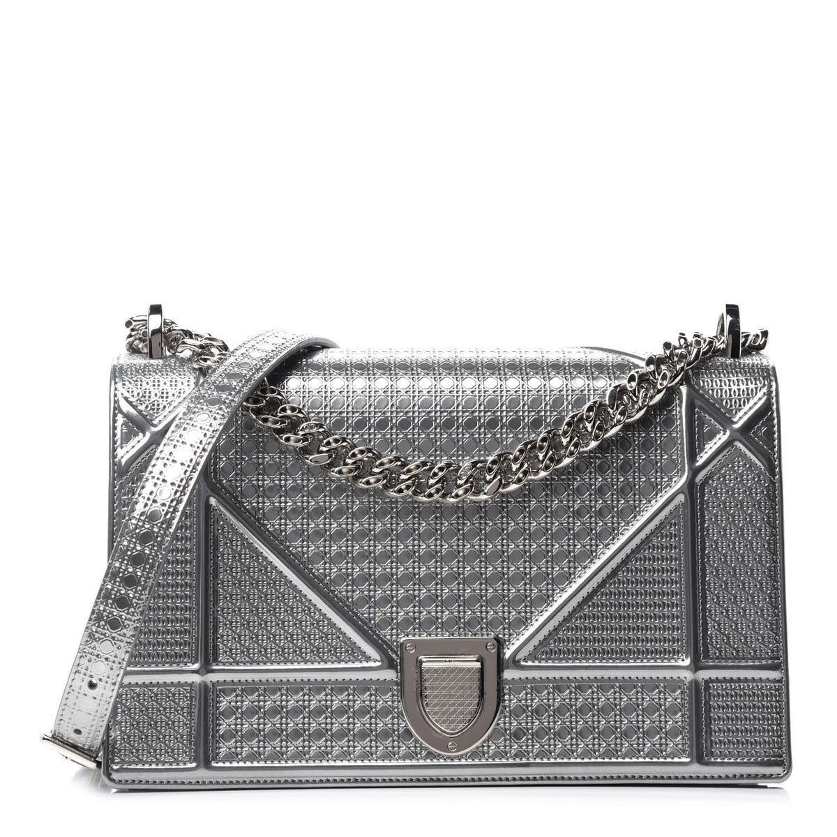 Metallic Patent Micro-Cannage Medium Diorama Flap Bag Silver