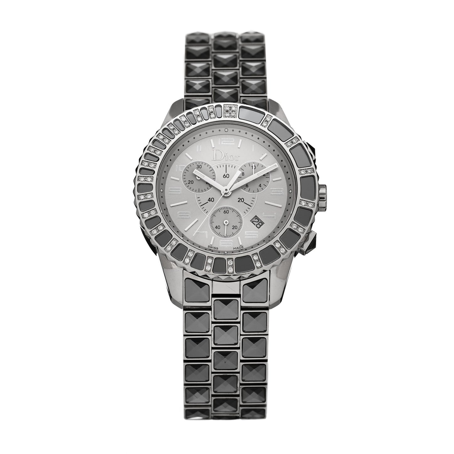 Stainless Steel Diamond Sapphire 38mm Christal Chronograph Quartz Watch Grey