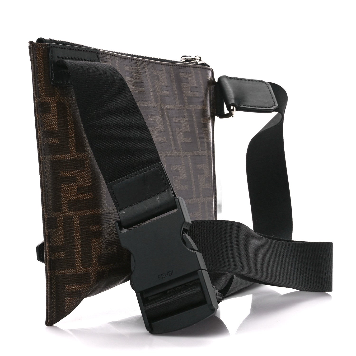 Fendi Glazed Fabric Vitello Century FF 1974 Stamp Patch Messenger Bag Mogano Panna Black 3 of 12