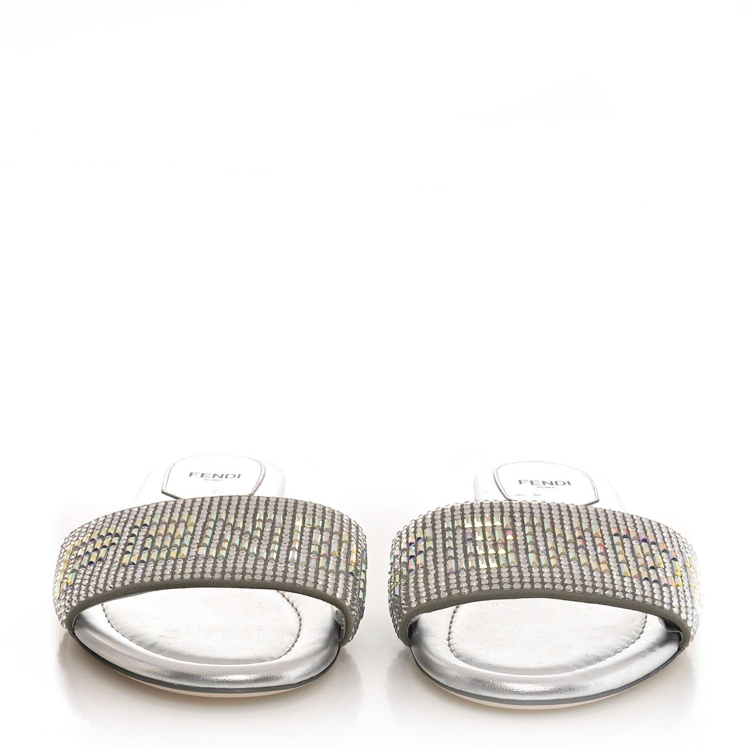 Fendi Laminated Goatskin Baguette Crystal Embroidered Signature Flat Slide Sandals 39 Silver 2 of 6
