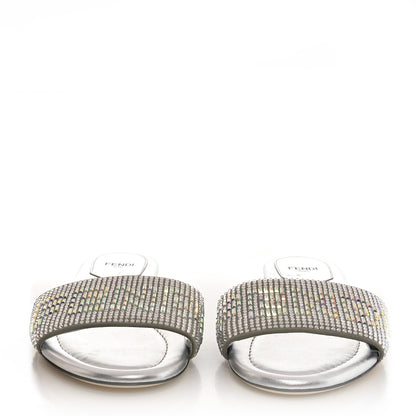 Fendi Laminated Goatskin Baguette Crystal Embroidered Signature Flat Slide Sandals 39 Silver 2 of 6